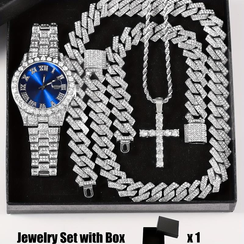 Rhinestone Pendant Jewelry Set for Men & Women - 4Pcs Set with Cross Necklace, Chain Necklace & Link Bracelet for Fashion Analog Luxury Watches for Party, Daily Decor, for Gift Cuban Chain