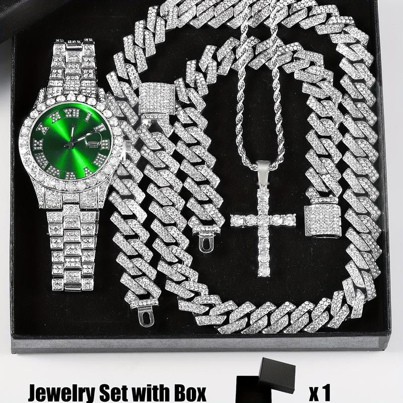 Rhinestone Pendant Jewelry Set for Men & Women - 4Pcs Set with Cross Necklace, Chain Necklace & Link Bracelet for Fashion Analog Luxury Watches for Party, Daily Decor, for Gift Cuban Chain