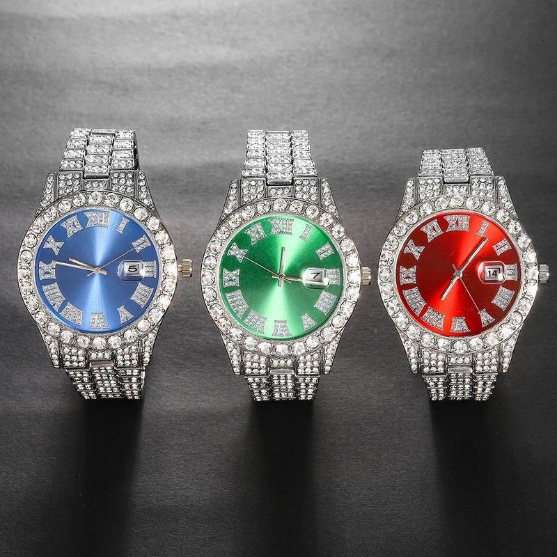 Rhinestone Pendant Jewelry Set for Men & Women - 4Pcs Set with Cross Necklace, Chain Necklace & Link Bracelet for Fashion Analog Luxury Watches for Party, Daily Decor, for Gift Cuban Chain