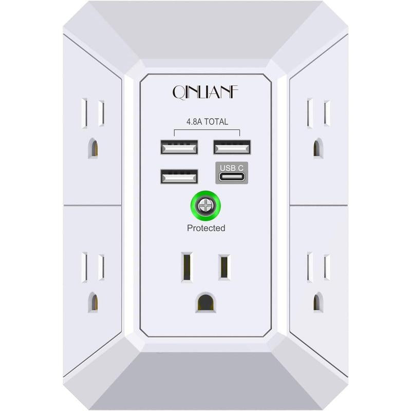 Wall Charger, Surge Protector, QINLIANF 5 Outlet Extender with 4 USB Charging Ports (4.8A Total) 3-Sided 1680J Power Strip Multi Plug Adapter Spaced for Home Travel Office (3U1C)