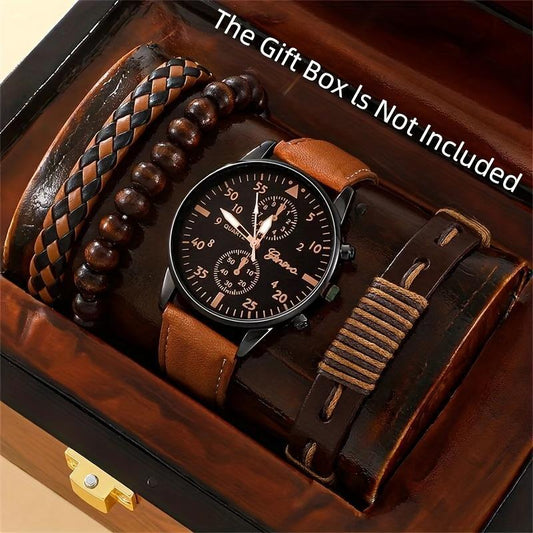 Men'S 4Pcs Set Casual Quartz Watches with Vintage Beaded Bracelet, Faux Leather Strap - Fashion Accessory, round Dial, Non-Waterproof, Battery Powered, World-Time Feature, Perfect Gift for Father'S Day, Valentine'S, Easter, Birthdays, Christmas