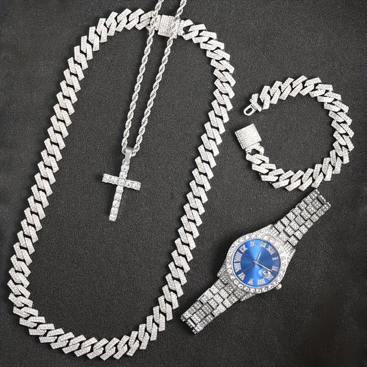 Rhinestone Pendant Jewelry Set for Men & Women - 4Pcs Set with Cross Necklace, Chain Necklace & Link Bracelet for Fashion Analog Luxury Watches for Party, Daily Decor, for Gift Cuban Chain