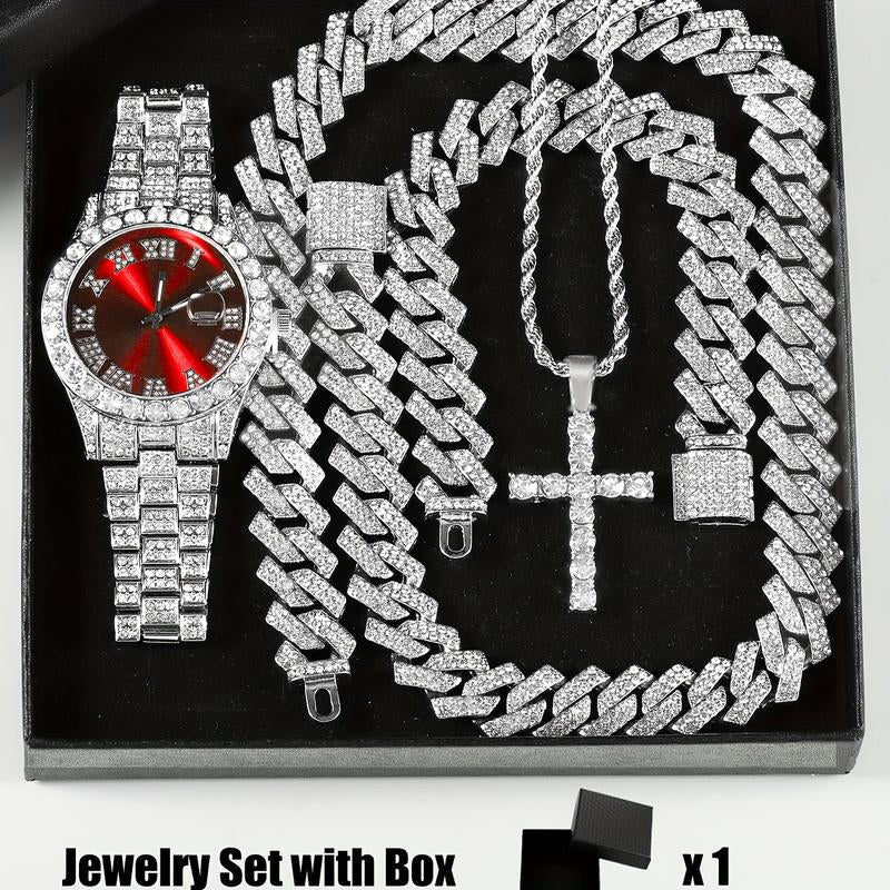Rhinestone Pendant Jewelry Set for Men & Women - 4Pcs Set with Cross Necklace, Chain Necklace & Link Bracelet for Fashion Analog Luxury Watches for Party, Daily Decor, for Gift Cuban Chain