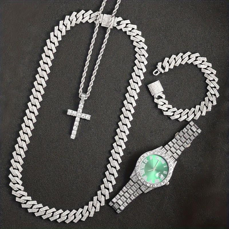 Rhinestone Pendant Jewelry Set for Men & Women - 4Pcs Set with Cross Necklace, Chain Necklace & Link Bracelet for Fashion Analog Luxury Watches for Party, Daily Decor, for Gift Cuban Chain