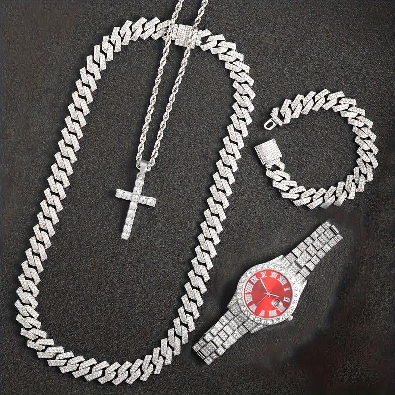 Rhinestone Pendant Jewelry Set for Men & Women - 4Pcs Set with Cross Necklace, Chain Necklace & Link Bracelet for Fashion Analog Luxury Watches for Party, Daily Decor, for Gift Cuban Chain