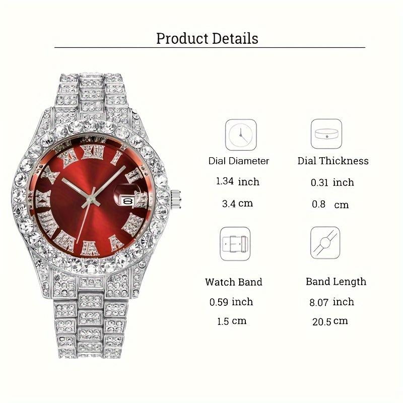 Rhinestone Pendant Jewelry Set for Men & Women - 4Pcs Set with Cross Necklace, Chain Necklace & Link Bracelet for Fashion Analog Luxury Watches for Party, Daily Decor, for Gift Cuban Chain
