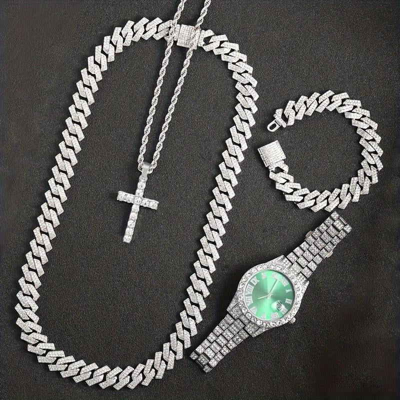 Rhinestone Pendant Jewelry Set for Men & Women - 4Pcs Set with Cross Necklace, Chain Necklace & Link Bracelet for Fashion Analog Luxury Watches for Party, Daily Decor, for Gift Cuban Chain