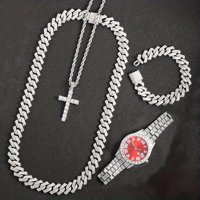 Rhinestone Pendant Jewelry Set for Men & Women - 4Pcs Set with Cross Necklace, Chain Necklace & Link Bracelet for Fashion Analog Luxury Watches for Party, Daily Decor, for Gift Cuban Chain
