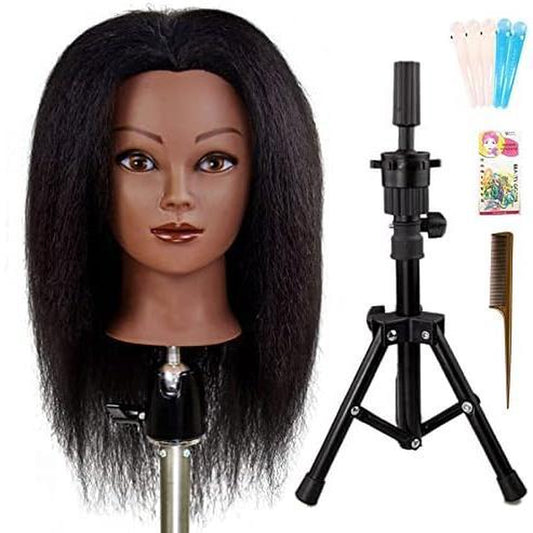 ISHOT Mannequin with Hair and Stand Tripod,Wig Stand Tripod with Mannequin ,Hairdresser ,Doll Beauty School Hair Practice Manikin