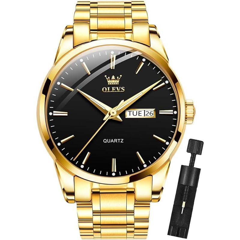 Brand OLEVS Mens Gold Watches Analog Quartz Business Dress Watch Day Date Stainless Steel Classic Luxury Luminous Waterproof Casual Male Wrist Watches