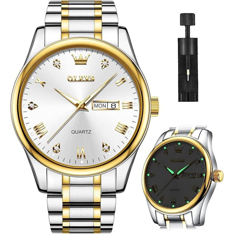 Brand OLEVS Mens Gold Watches Analog Quartz Business Dress Watch Day Date Stainless Steel Classic Luxury Luminous Waterproof Casual Male Wrist Watches