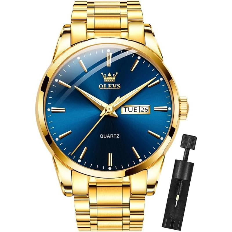 Brand OLEVS Mens Gold Watches Analog Quartz Business Dress Watch Day Date Stainless Steel Classic Luxury Luminous Waterproof Casual Male Wrist Watches