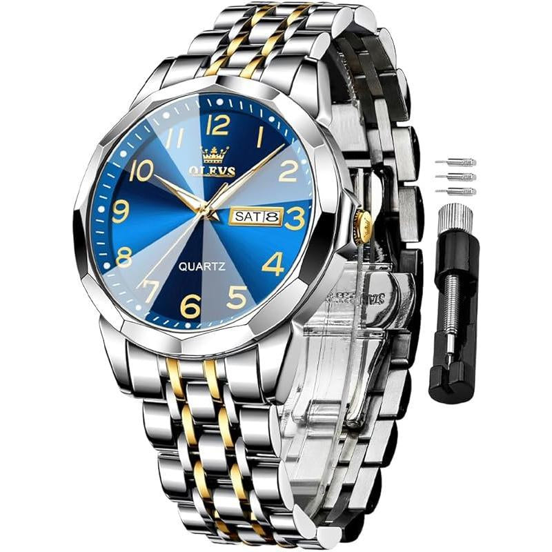 Brand OLEVS Mens Gold Watches Analog Quartz Business Dress Watch Day Date Stainless Steel Classic Luxury Luminous Waterproof Casual Male Wrist Watches