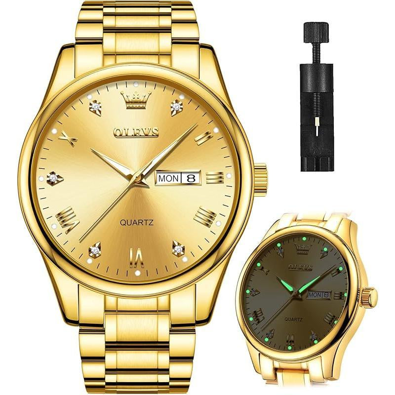 Brand OLEVS Mens Gold Watches Analog Quartz Business Dress Watch Day Date Stainless Steel Classic Luxury Luminous Waterproof Casual Male Wrist Watches