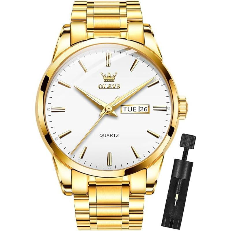 Brand OLEVS Mens Gold Watches Analog Quartz Business Dress Watch Day Date Stainless Steel Classic Luxury Luminous Waterproof Casual Male Wrist Watches