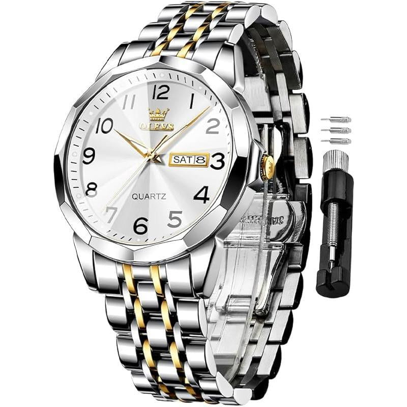 Brand OLEVS Mens Gold Watches Analog Quartz Business Dress Watch Day Date Stainless Steel Classic Luxury Luminous Waterproof Casual Male Wrist Watches
