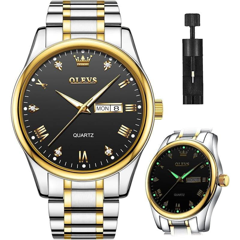 Brand OLEVS Mens Gold Watches Analog Quartz Business Dress Watch Day Date Stainless Steel Classic Luxury Luminous Waterproof Casual Male Wrist Watches