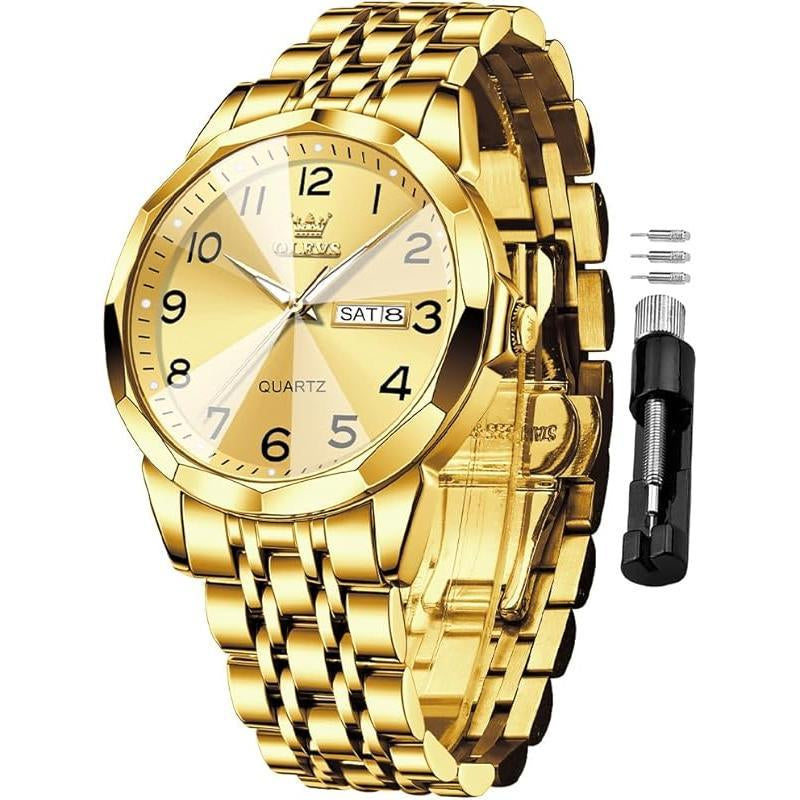 Brand OLEVS Mens Gold Watches Analog Quartz Business Dress Watch Day Date Stainless Steel Classic Luxury Luminous Waterproof Casual Male Wrist Watches
