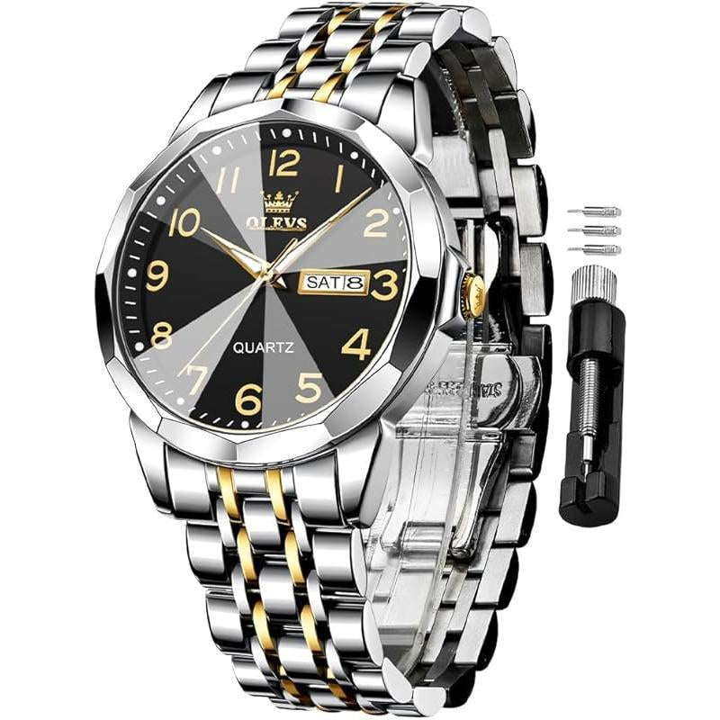 Brand OLEVS Mens Gold Watches Analog Quartz Business Dress Watch Day Date Stainless Steel Classic Luxury Luminous Waterproof Casual Male Wrist Watches