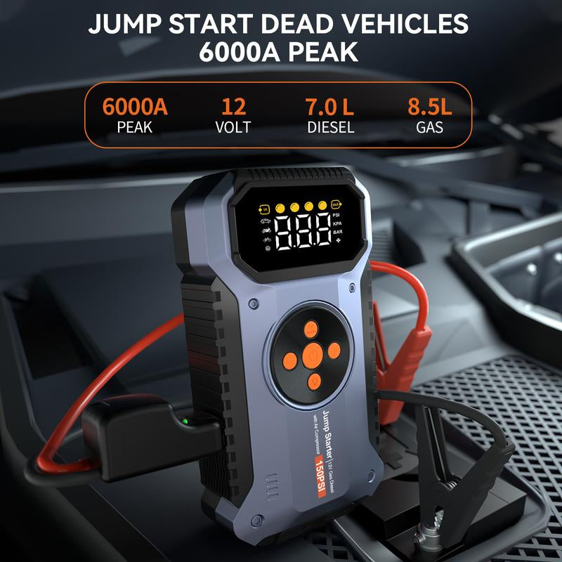 6000A Car Jump Starter with Air Compressor, 6000A 150PSI Jump Starter Battery Pack (8.5L Gas/7.0L Diesel), 12V Battery Jump Starter with Display, Smart Jumper Cables, 3 LED Light