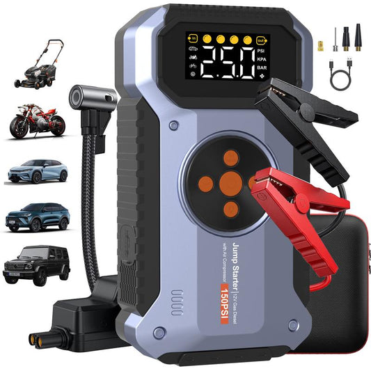 6000A Car Jump Starter with Air Compressor, 6000A 150PSI Jump Starter Battery Pack (8.5L Gas/7.0L Diesel), 12V Battery Jump Starter with Display, Smart Jumper Cables, 3 LED Light