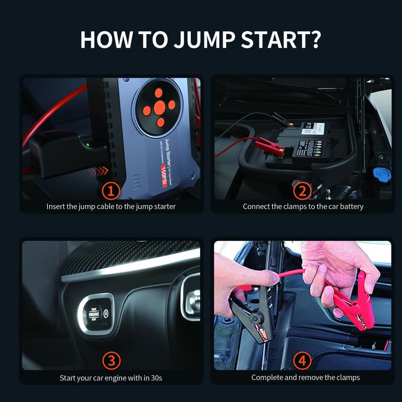 6000A Car Jump Starter with Air Compressor, 6000A 150PSI Jump Starter Battery Pack (8.5L Gas/7.0L Diesel), 12V Battery Jump Starter with Display, Smart Jumper Cables, 3 LED Light