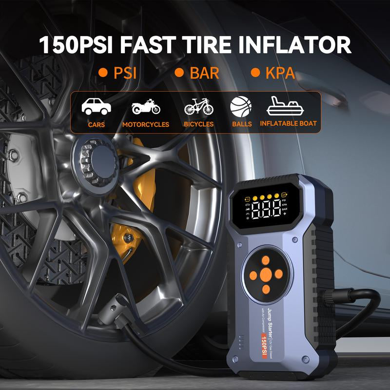 6000A Car Jump Starter with Air Compressor, 6000A 150PSI Jump Starter Battery Pack (8.5L Gas/7.0L Diesel), 12V Battery Jump Starter with Display, Smart Jumper Cables, 3 LED Light