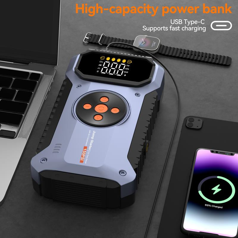 6000A Car Jump Starter with Air Compressor, 6000A 150PSI Jump Starter Battery Pack (8.5L Gas/7.0L Diesel), 12V Battery Jump Starter with Display, Smart Jumper Cables, 3 LED Light