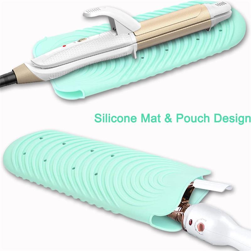 Heat Resistant Mat for Hair Tools, Silicone Heat Mat & Holder for Curling Iron, Professional Curling Iron Mat for Countertop, Portable Travel Flat Iron Heat Mat Pad Pouch Case Cover