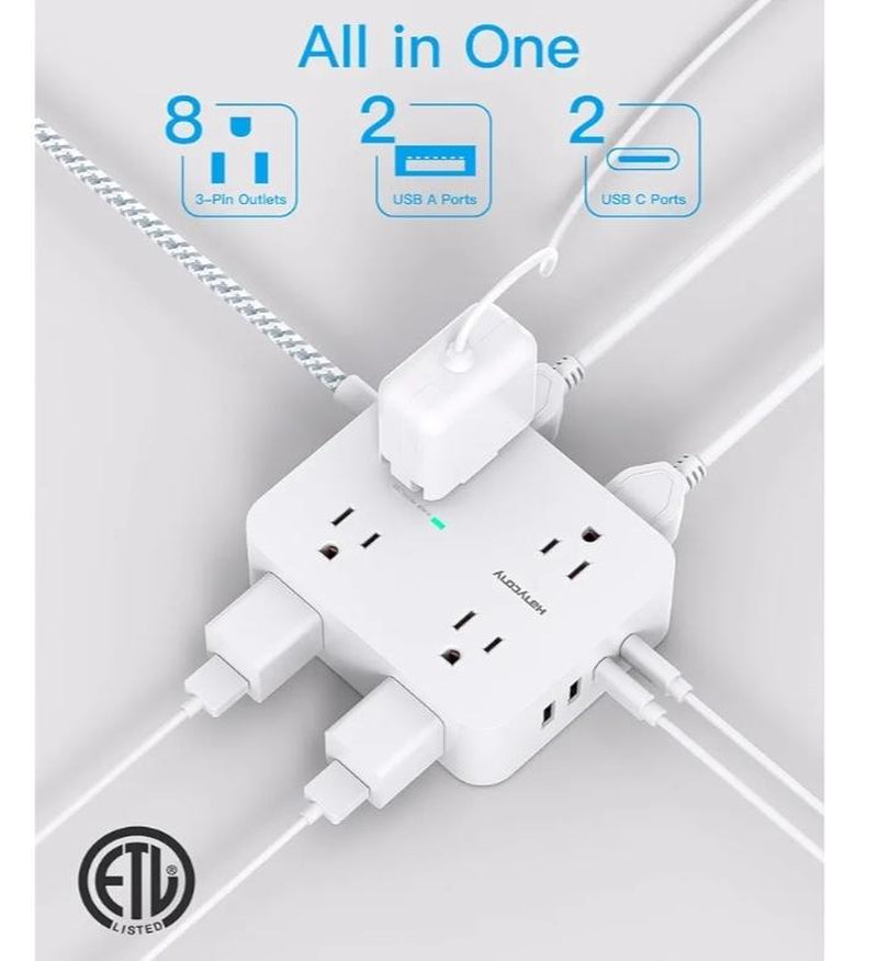 Surge Protector Power Strip - 8 Outlets with 4 USB Charging Ports, Multi Plug Outlet Extender, Flat Plug Wall Mount Desk USB Charging Station