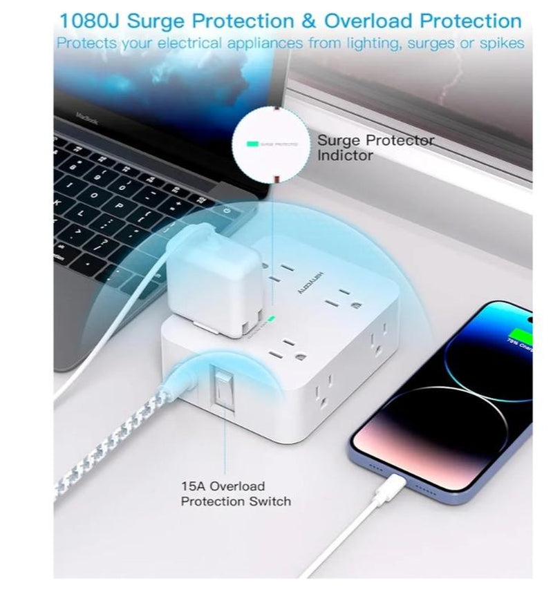 Surge Protector Power Strip - 8 Outlets with 4 USB Charging Ports, Multi Plug Outlet Extender, Flat Plug Wall Mount Desk USB Charging Station