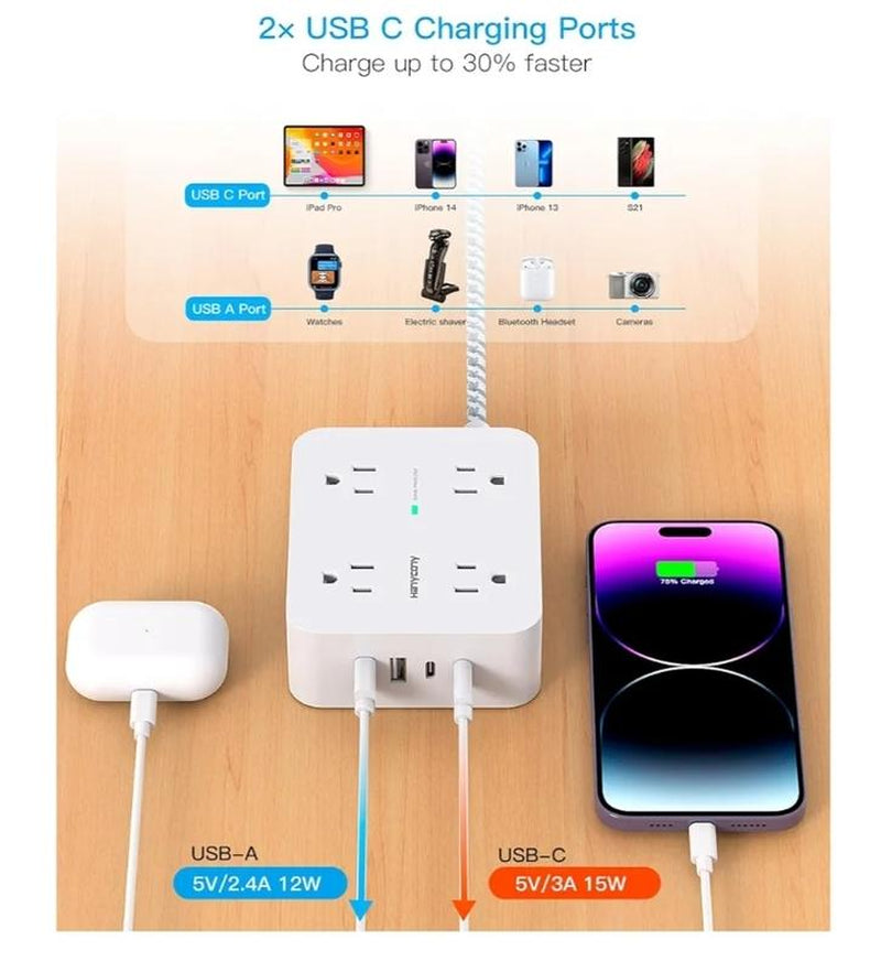 Surge Protector Power Strip - 8 Outlets with 4 USB Charging Ports, Multi Plug Outlet Extender, Flat Plug Wall Mount Desk USB Charging Station