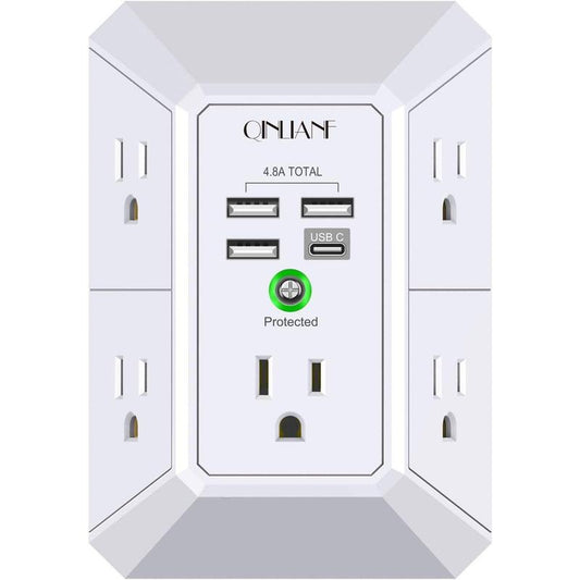 Wall Charger, Surge Protector, QINLIANF 5 Outlet Extender with 4 USB Charging Ports (4.8A Total) 3-Sided 1680J Power Strip Multi Plug Adapter Spaced for Home Travel Office (3U1C)