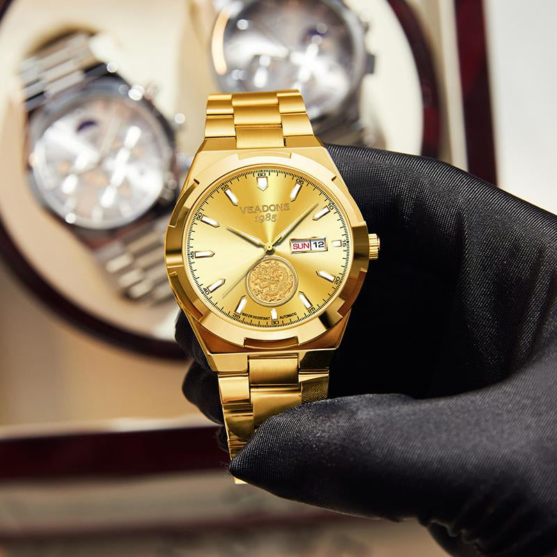Men'S High-End Mechanical Gold Watches : Swiss Mechanical Movement, Embossed Golden Dragon Totem, High-End Atmosphere, Highlighting Fashion Temperament