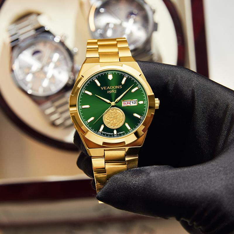 Men'S High-End Mechanical Gold Watches : Swiss Mechanical Movement, Embossed Golden Dragon Totem, High-End Atmosphere, Highlighting Fashion Temperament