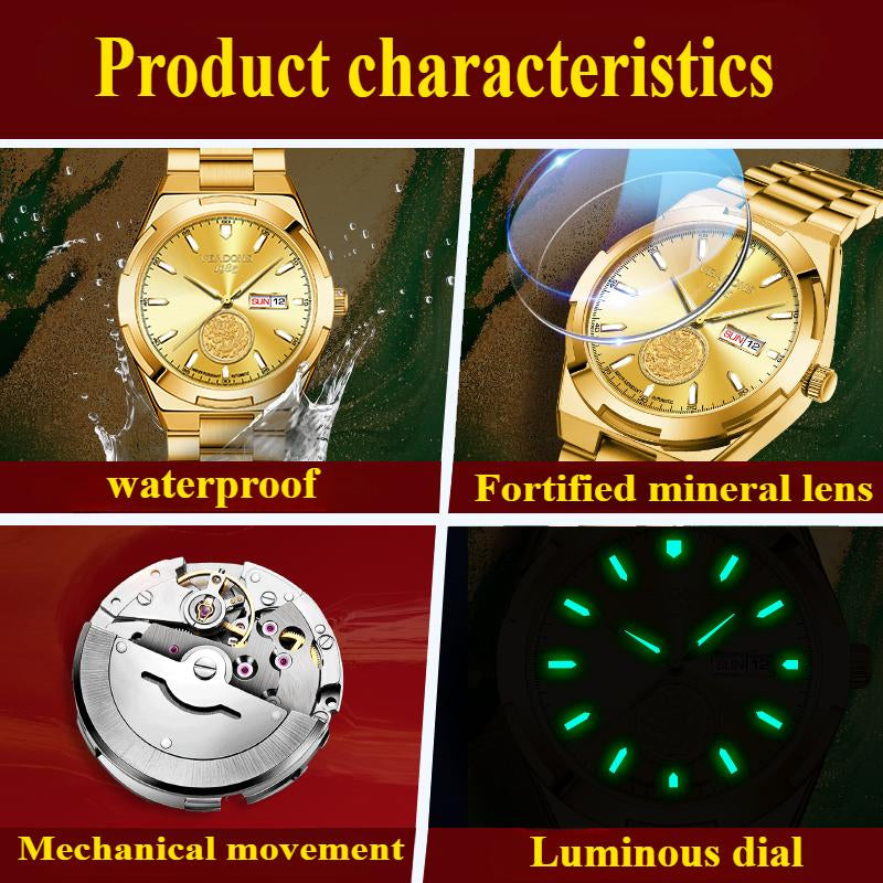 Men'S High-End Mechanical Gold Watches : Swiss Mechanical Movement, Embossed Golden Dragon Totem, High-End Atmosphere, Highlighting Fashion Temperament