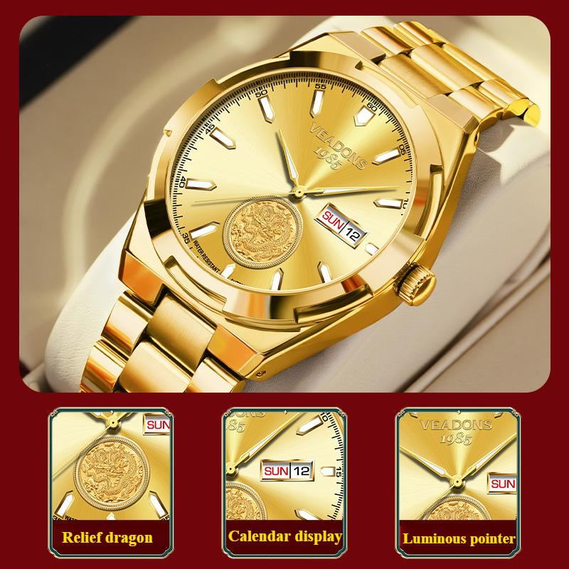 Men'S High-End Mechanical Gold Watches : Swiss Mechanical Movement, Embossed Golden Dragon Totem, High-End Atmosphere, Highlighting Fashion Temperament