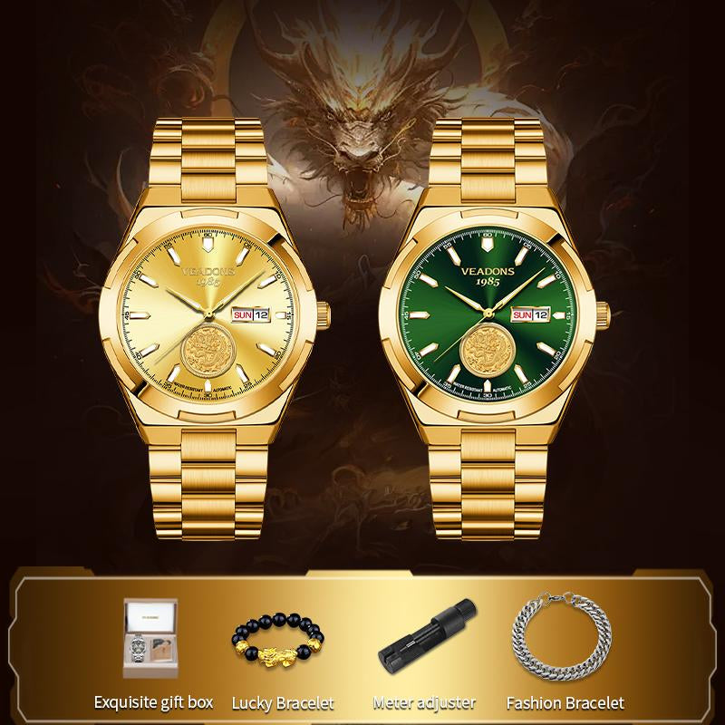 Men'S High-End Mechanical Gold Watches : Swiss Mechanical Movement, Embossed Golden Dragon Totem, High-End Atmosphere, Highlighting Fashion Temperament
